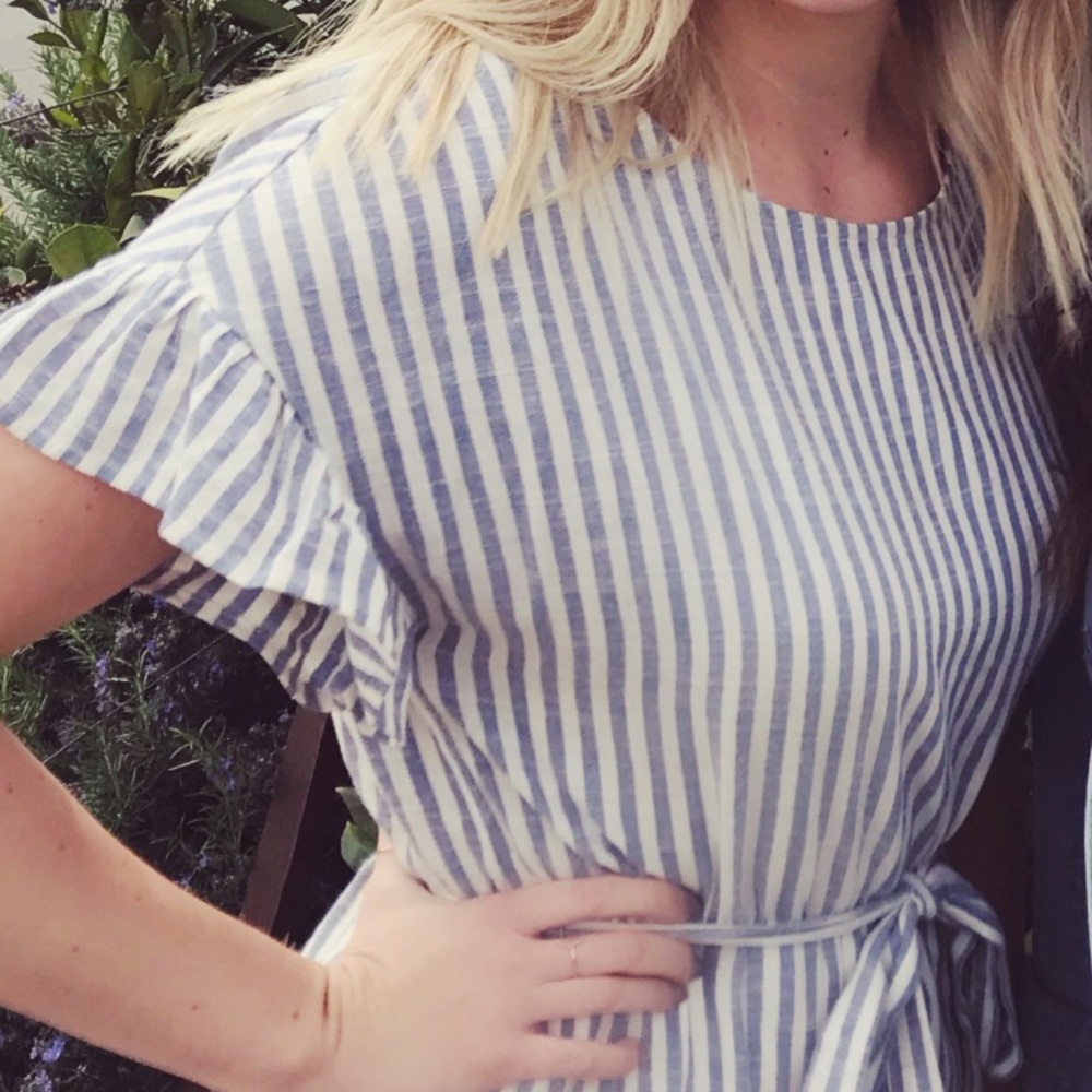 Striped tie-waist jumpsuit with flutter sleeves and open back